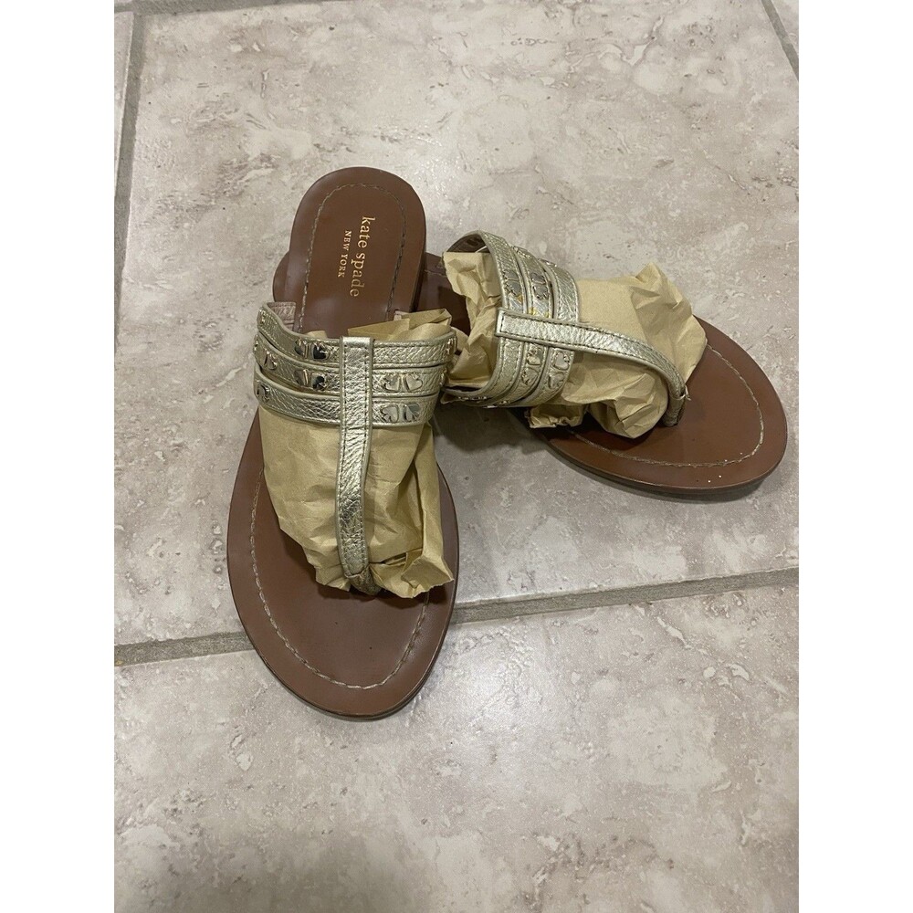 Kate Spade New York Women's 7.5 M Carol Sandals Gold Leather Flip Flops Thongs